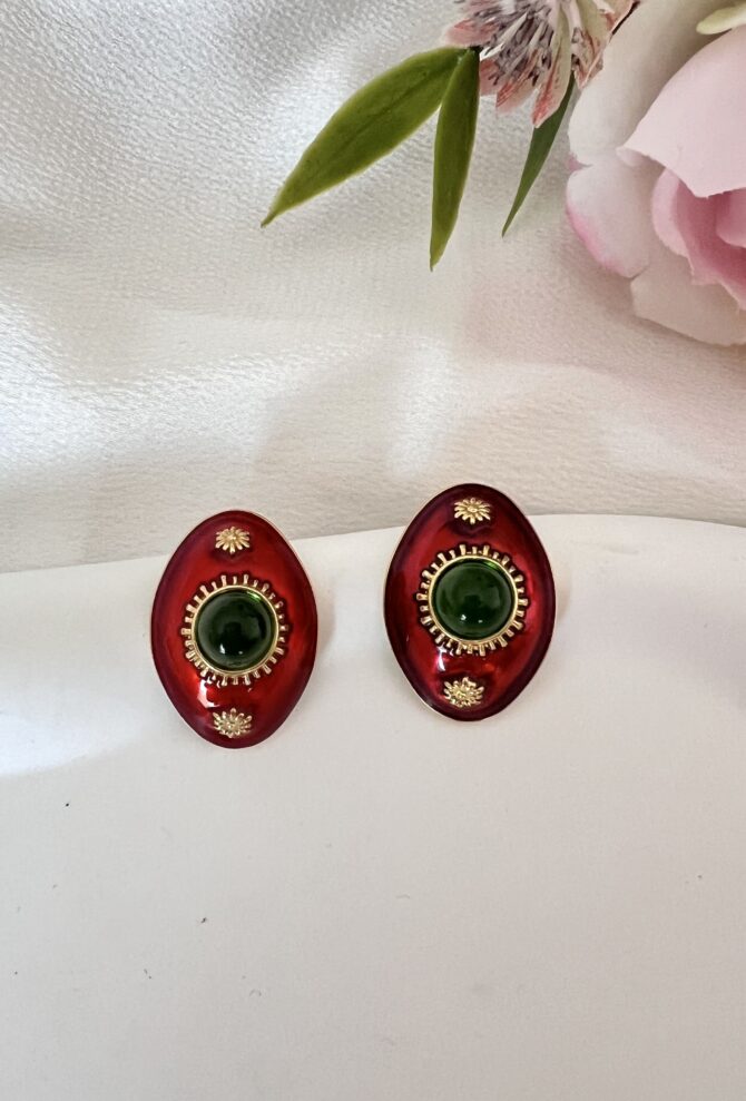 Özel Seri Vintage Renkli Mineli Oval Küpe