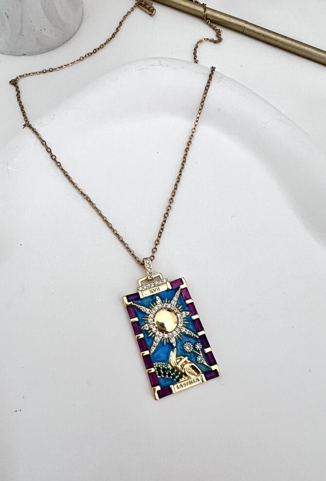 Çelik Mavi Mor Güneş Tarot Kolye
