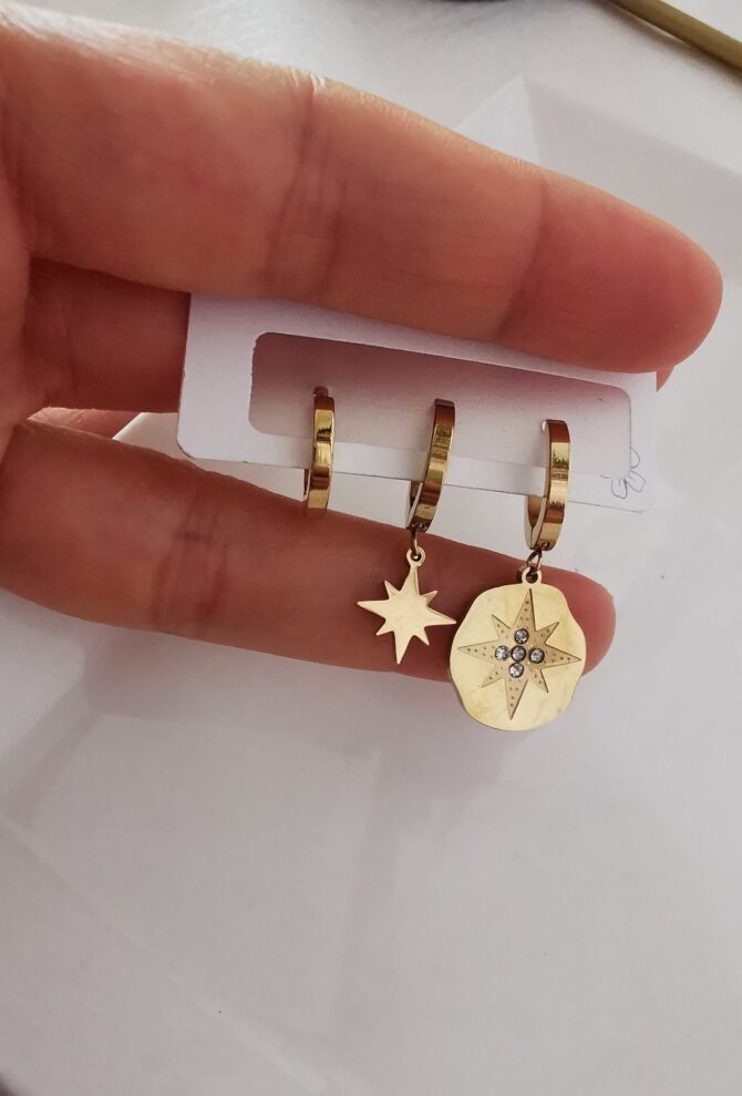 Çelik 3 lü Plaka Yıldız Küpe Seti